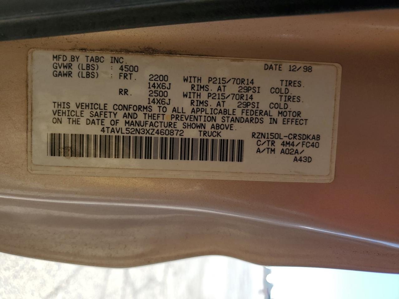 1999 Toyota Tacoma Xtracab VIN: 4TAVL52N3XZ460872 Lot: 67917704