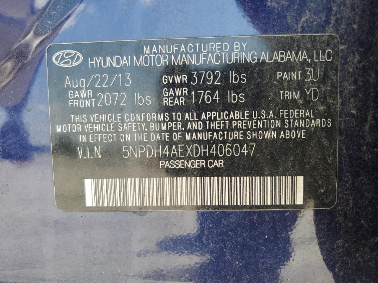 2013 Hyundai Elantra Gls VIN: 5NPDH4AEXDH406047 Lot: 66560864