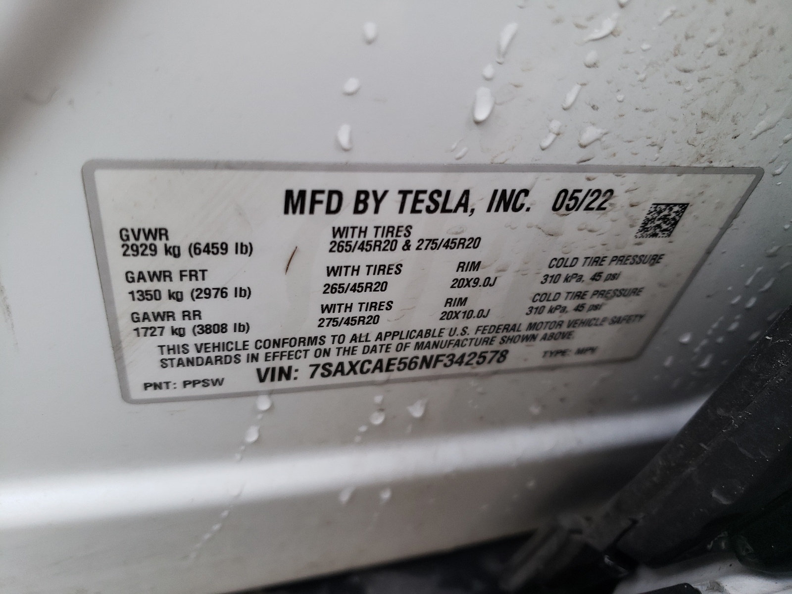 2022 Tesla Model X vin: 7SAXCAE56NF342578