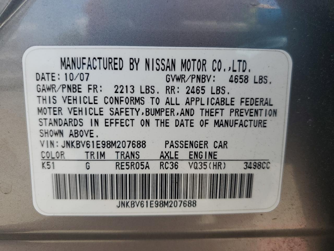 2008 Infiniti G35 VIN: JNKBV61E98M207688 Lot: 66215194