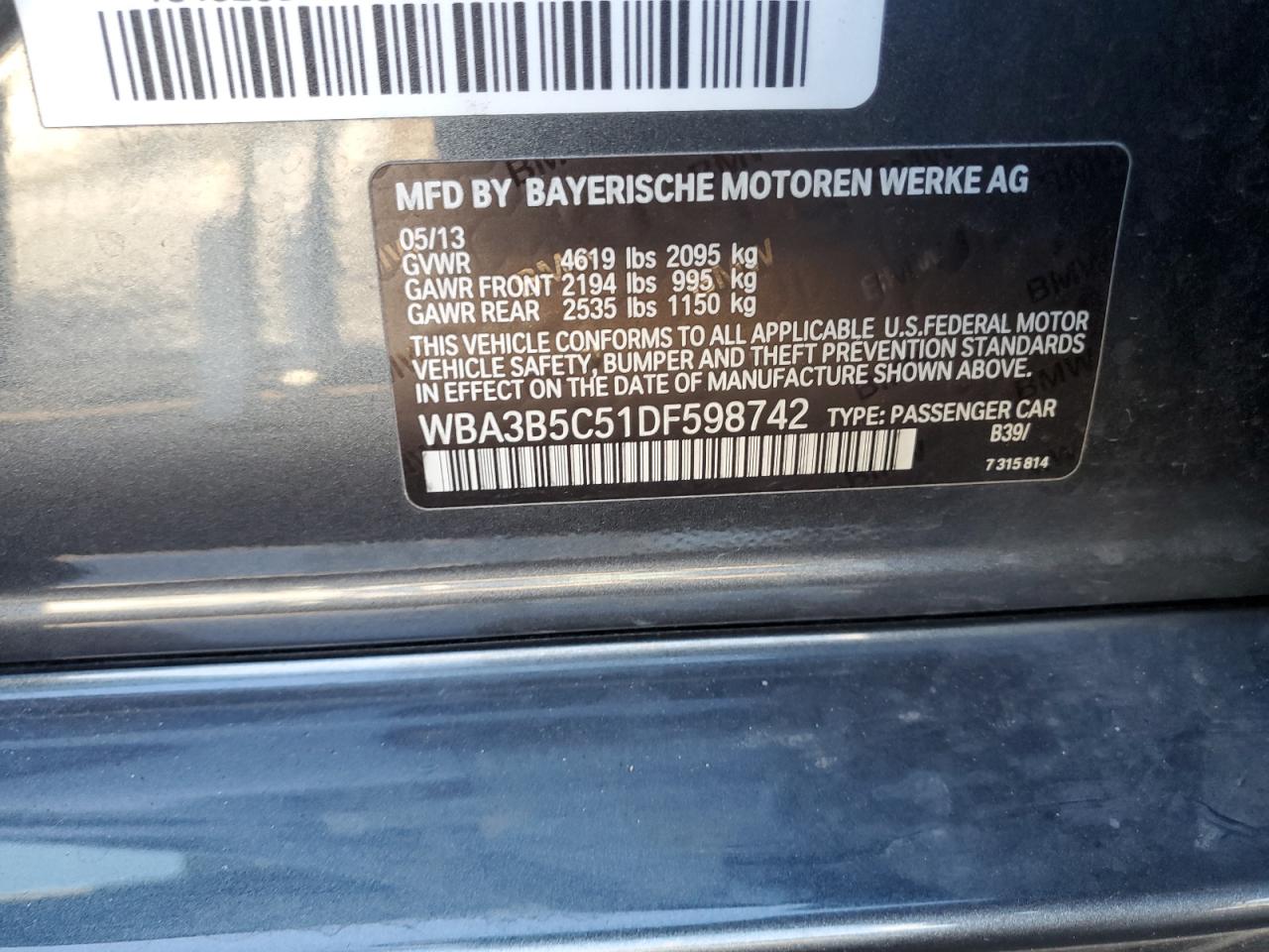 2013 BMW 328 Xi Sulev VIN: WBA3B5C51DF598742 Lot: 65971104