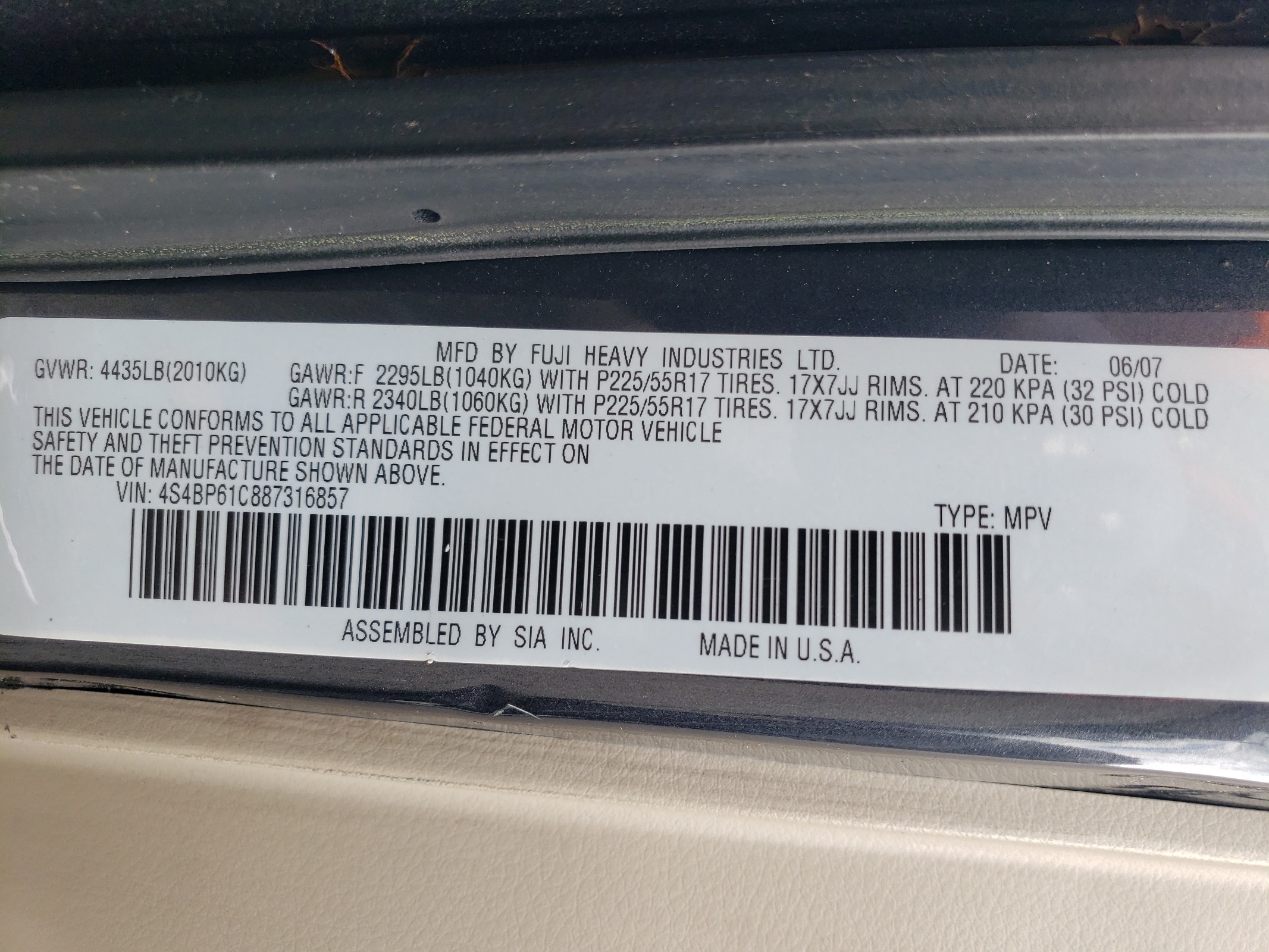 4S4BP61C887316857 2008 Subaru Outback 2.5I
