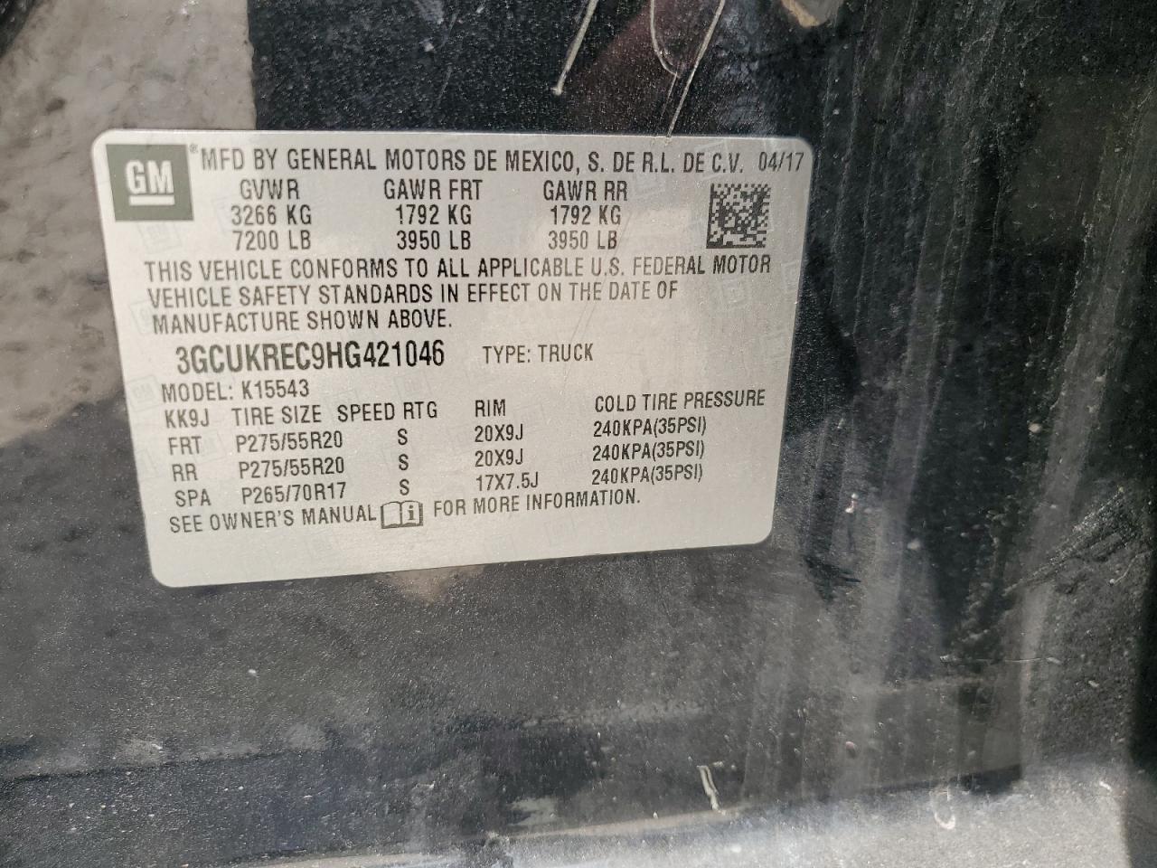 2017 Chevrolet Silverado K1500 Lt VIN: 3GCUKREC9HG421046 Lot: 68770194