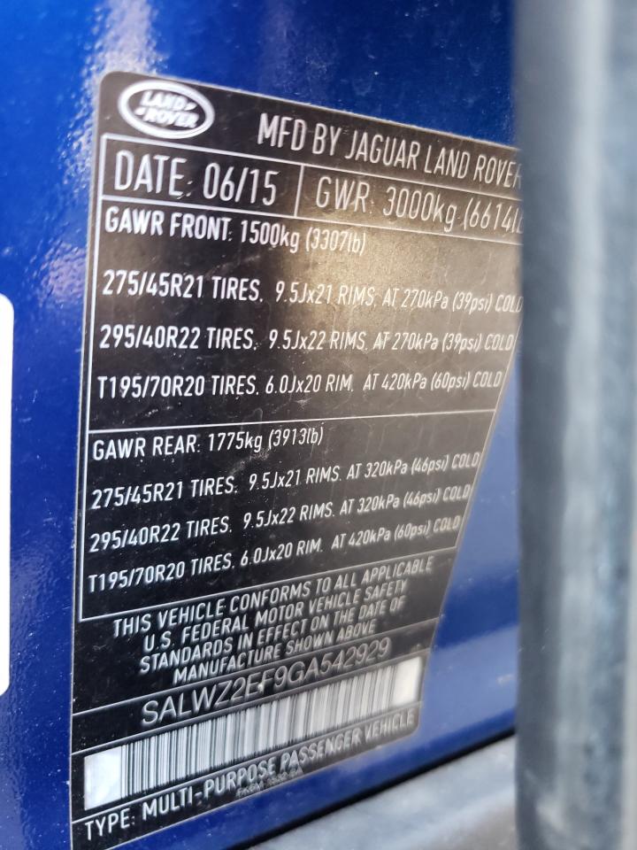 2016 Land Rover Range Rover Sport Svr VIN: SALWZ2EF9GA542929 Lot: 69187164