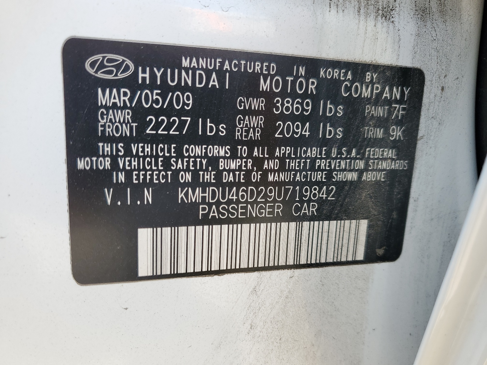 KMHDU46D29U719842 2009 Hyundai Elantra Gls