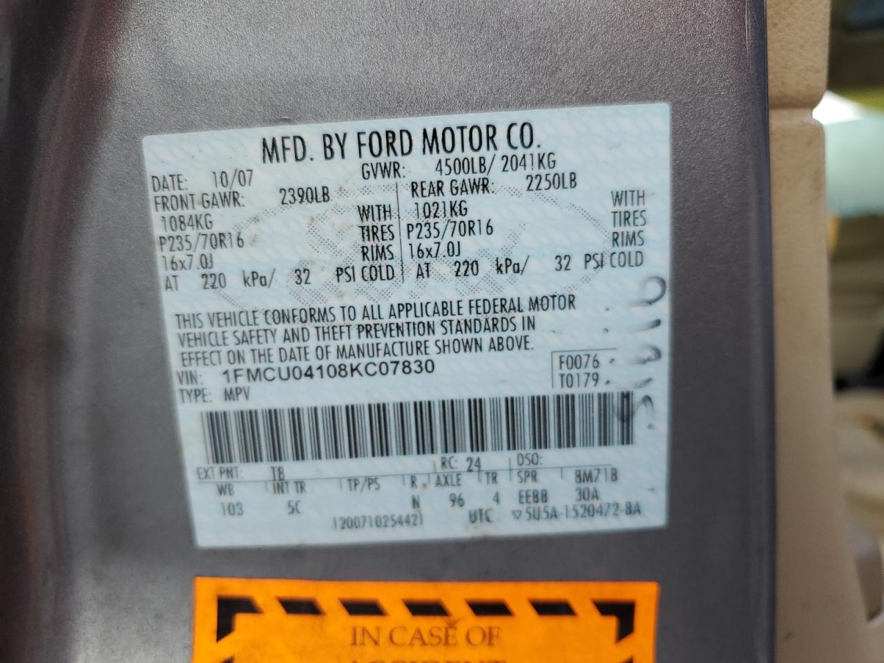 2008 Ford Escape Limited VIN: 1FMCU04108KC07830 Lot: 67588074