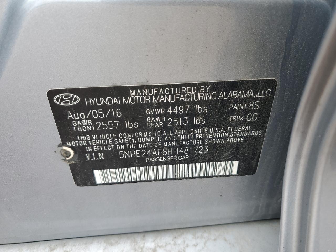 2017 Hyundai Sonata Se VIN: 5NPE24AF8HH481723 Lot: 66031234