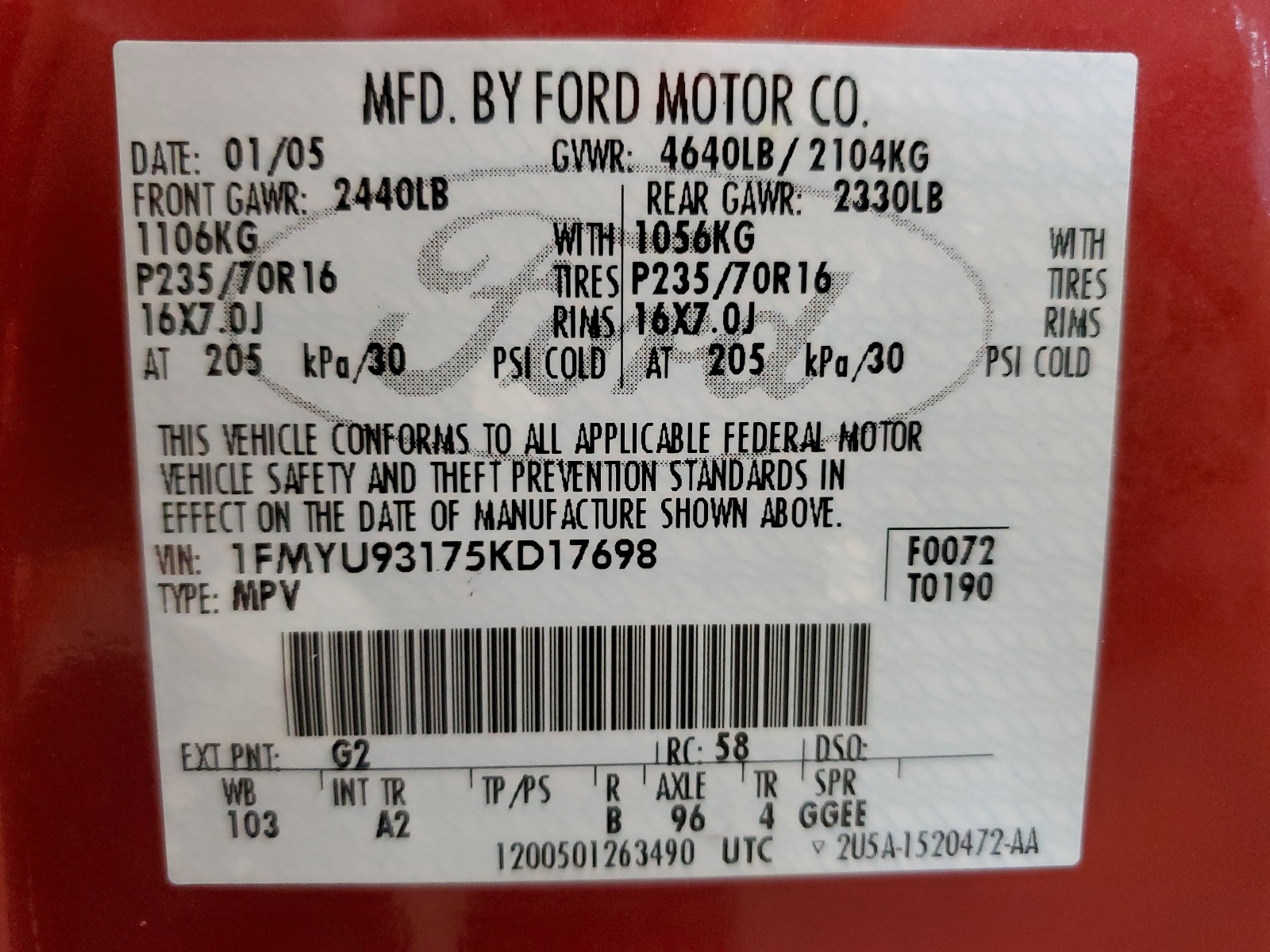 1FMYU93175KD17698 2005 Ford Escape Xlt