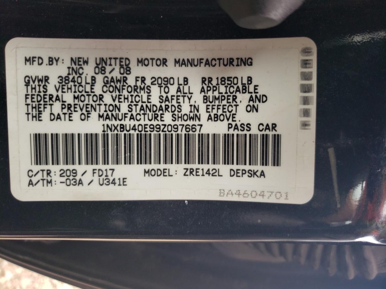 1NXBU40E99Z097667 2009 Toyota Corolla Base