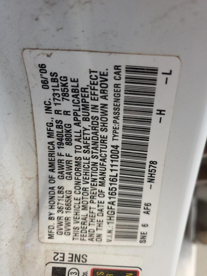 1HGFA16516L111004 2006 Honda Civic Lx