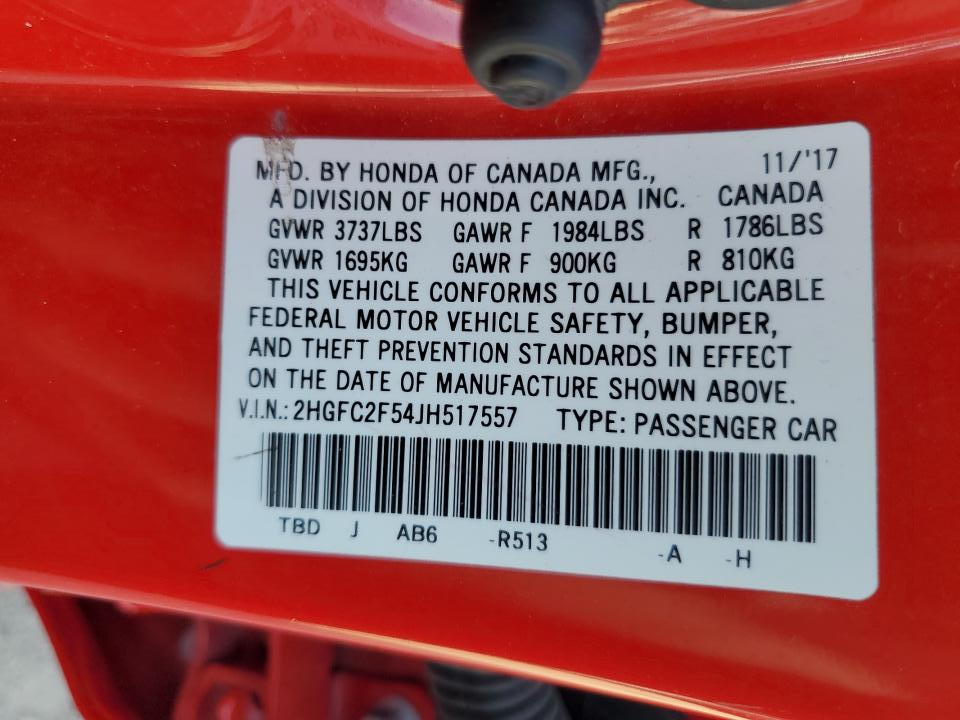 2HGFC2F54JH517557 2018 Honda Civic Lx