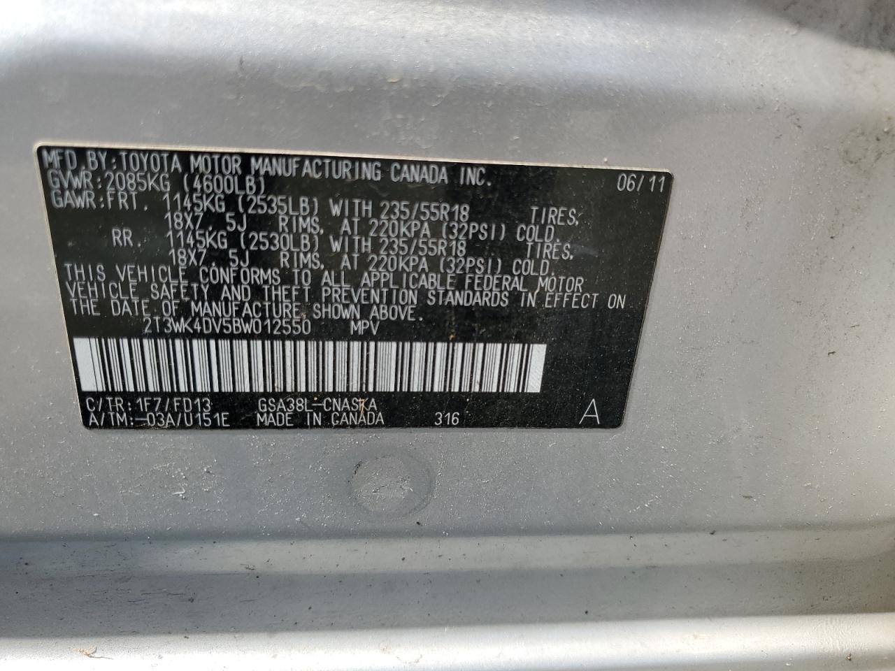 2011 Toyota Rav4 Sport VIN: 2T3WK4DV5BW012550 Lot: 65519084