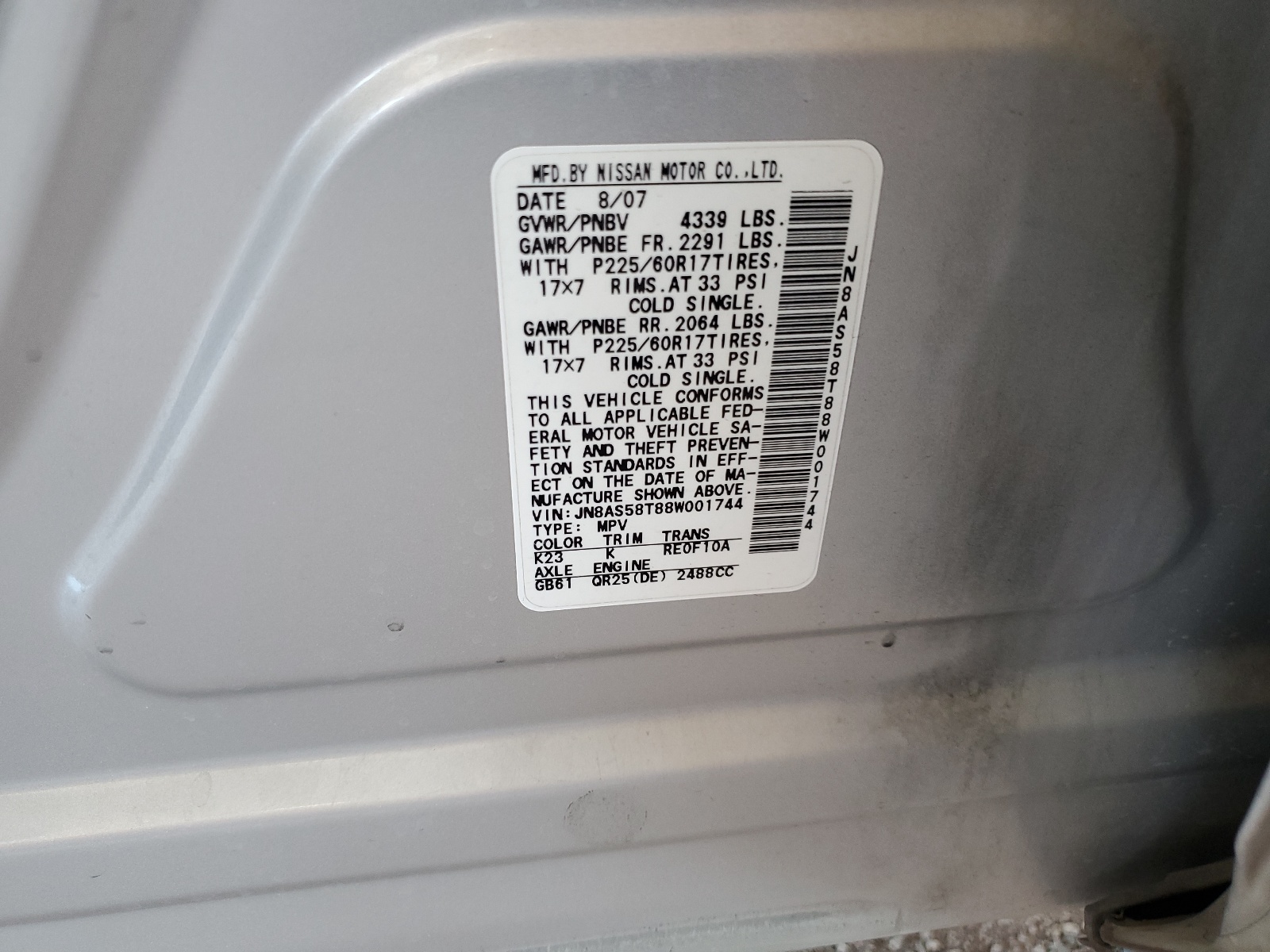 JN8AS58T88W001744 2008 Nissan Rogue S