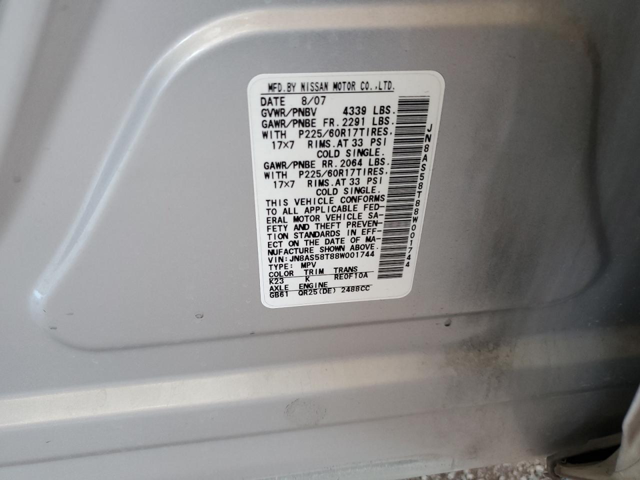 2008 Nissan Rogue S VIN: JN8AS58T88W001744 Lot: 67174384