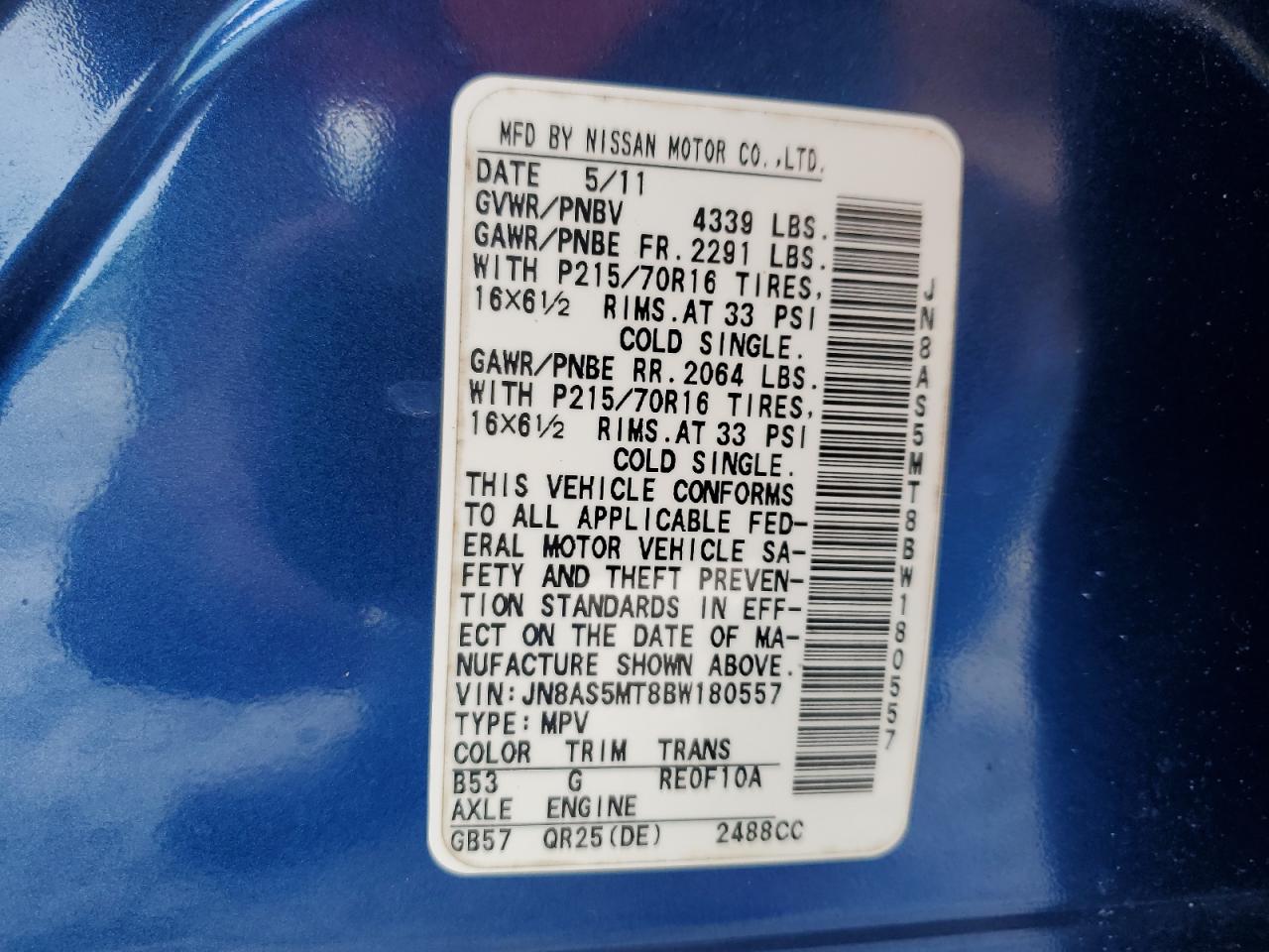 2011 Nissan Rogue S VIN: JN8AS5MT8BW180557 Lot: 65851434