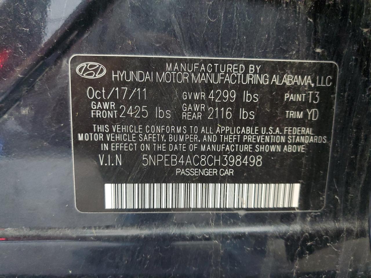 5NPEB4AC8CH398498 2012 Hyundai Sonata Gls