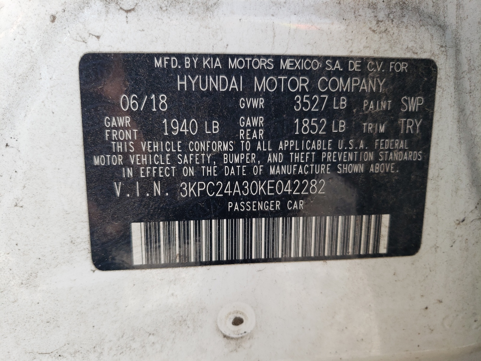 3KPC24A30KE042282 2019 Hyundai Accent Se