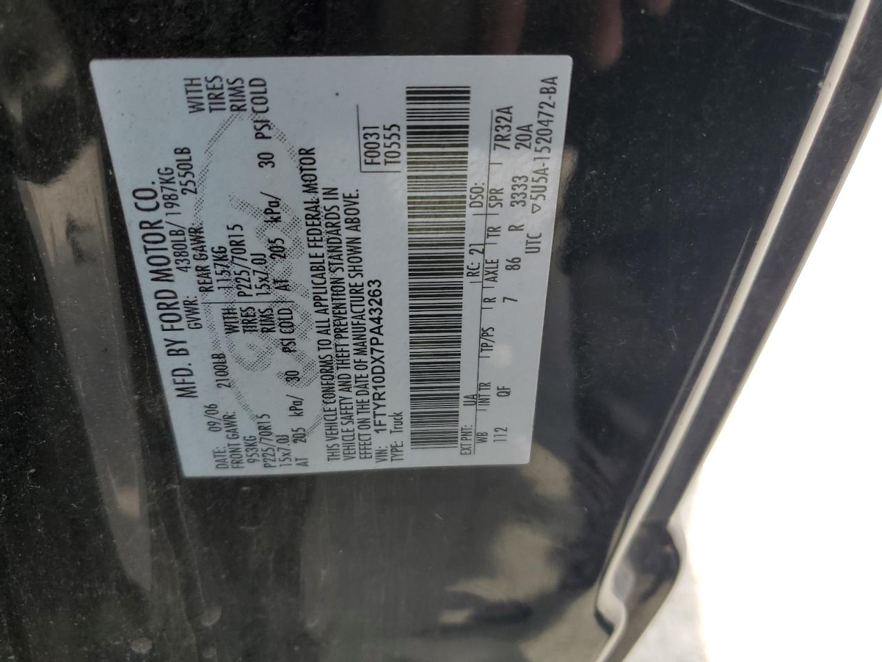 2007 Ford Ranger VIN: 1FTYR10DX7PA43263 Lot: 67057664