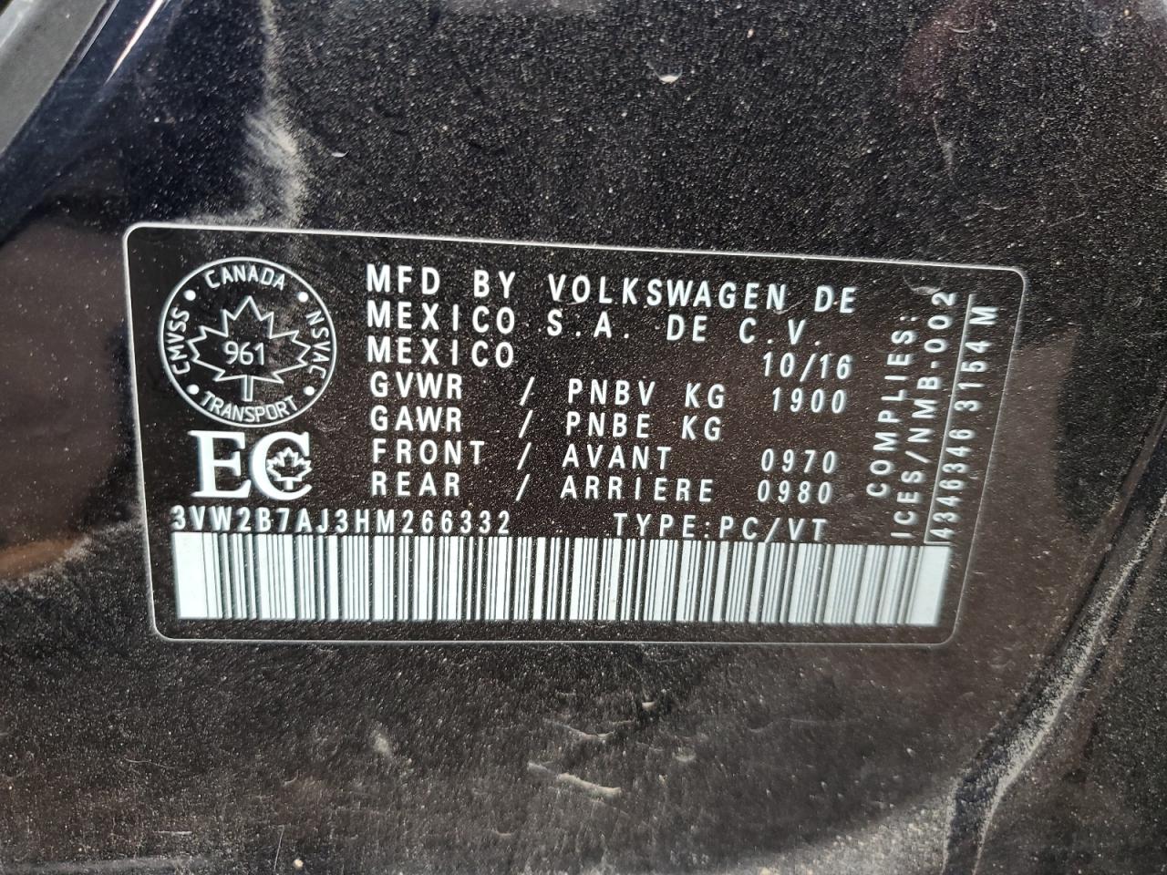 2017 Volkswagen Jetta S VIN: 3VW2B7AJ3HM266332 Lot: 67004354