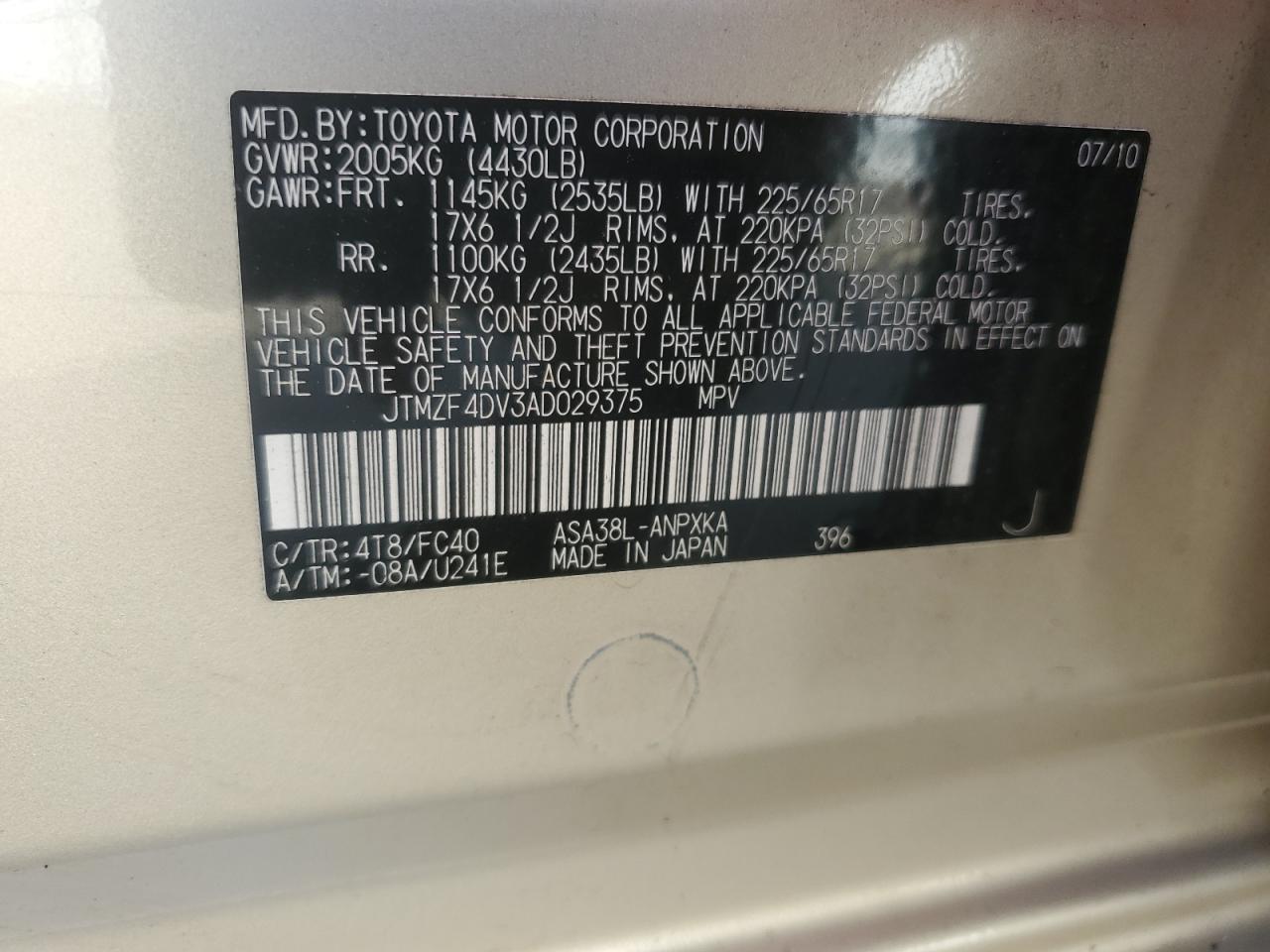 JTMZF4DV3AD029375 2010 Toyota Rav4