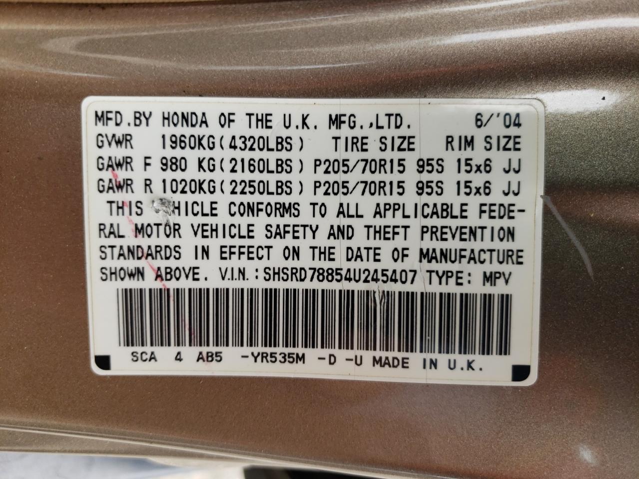 2004 Honda Cr-V Ex VIN: SHSRD78854U245407 Lot: 65387564
