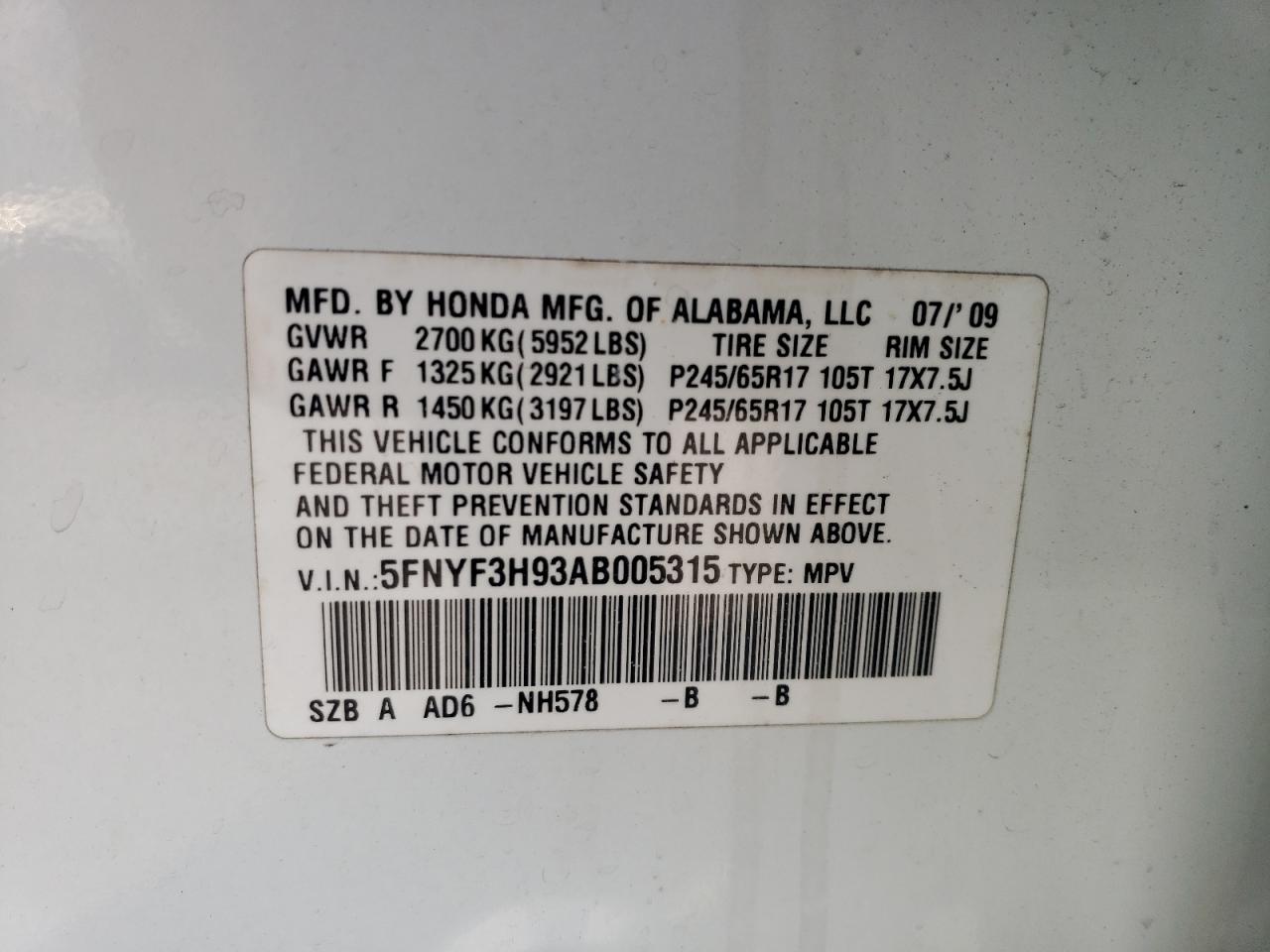 2010 Honda Pilot Touring VIN: 5FNYF3H93AB005315 Lot: 66592554