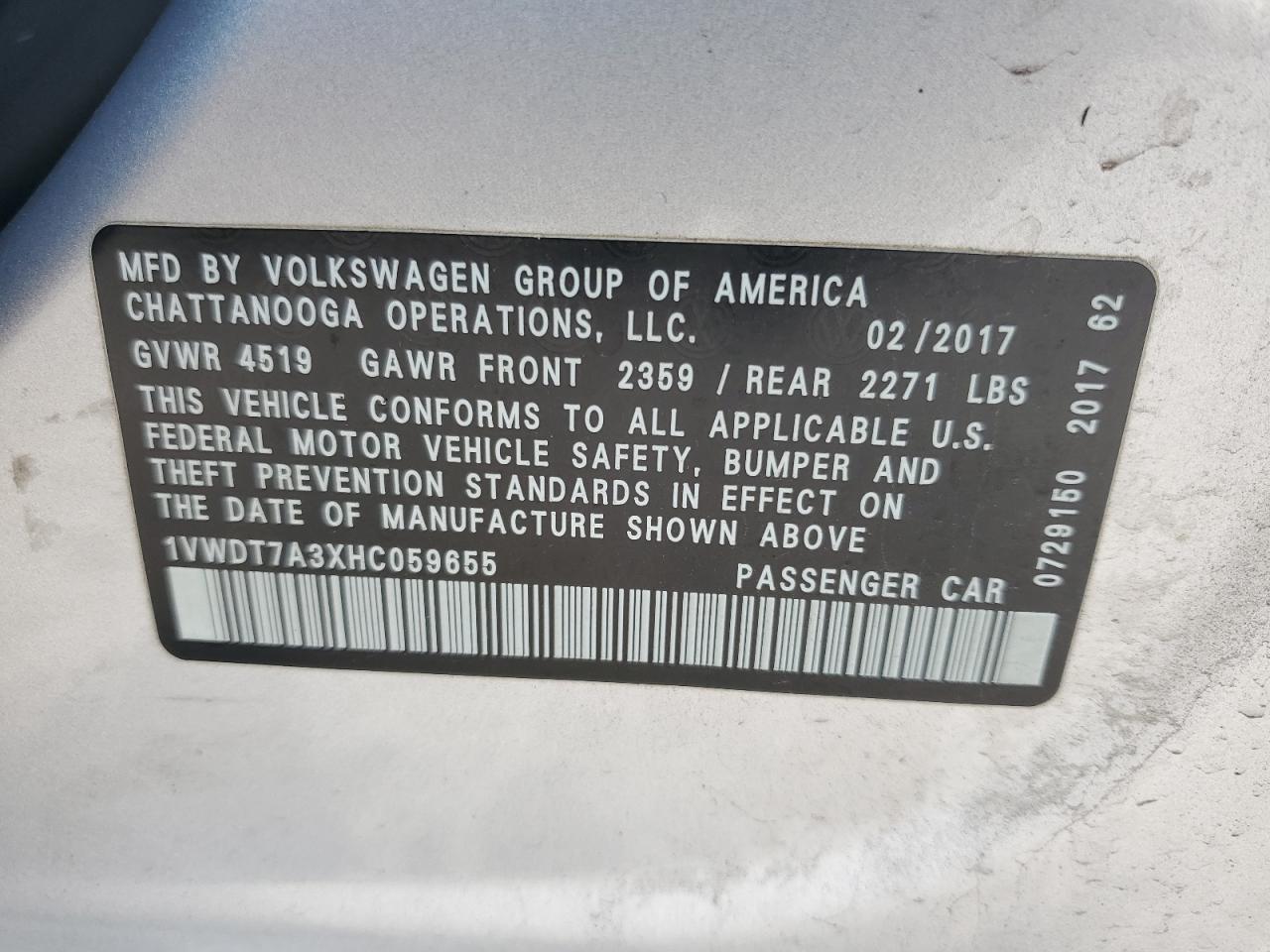 2017 Volkswagen Passat R-Line VIN: 1VWDT7A3XHC059655 Lot: 65584544