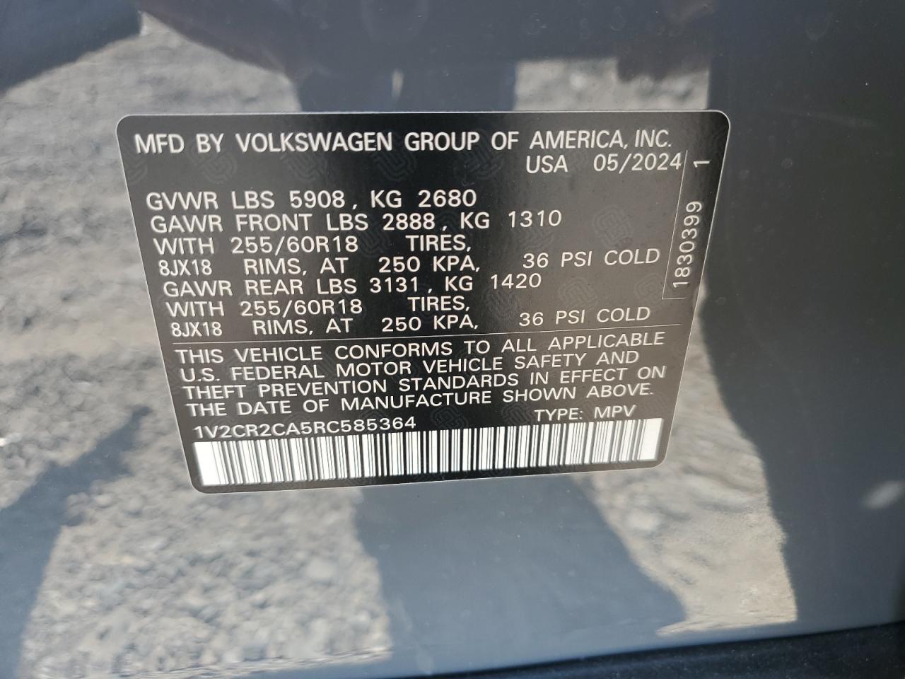 2024 Volkswagen Atlas Peak Edition Se VIN: 1V2CR2CA5RC585364 Lot: 68647624