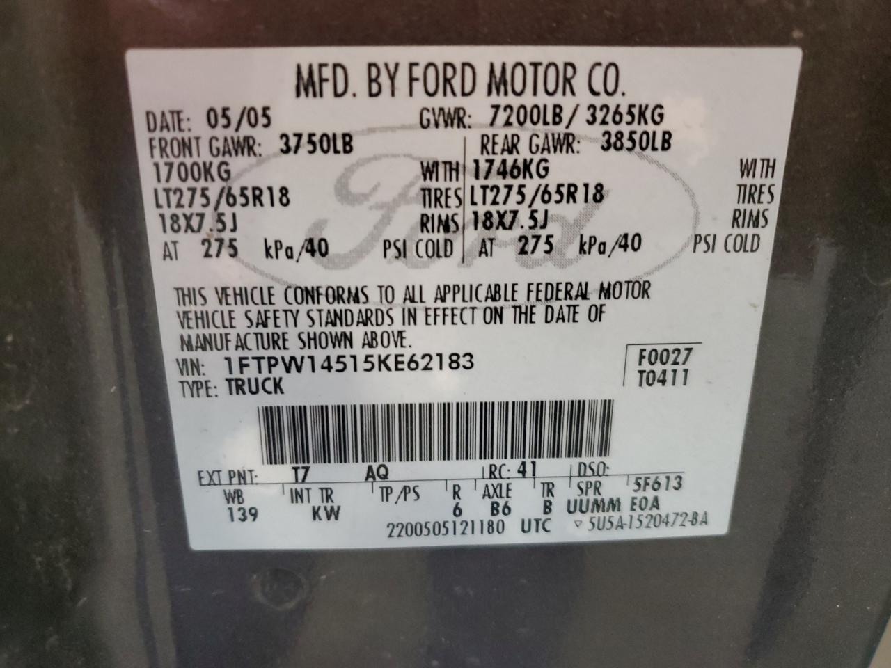 2005 Ford F150 Supercrew VIN: 1FTPW14515KE62183 Lot: 66998884