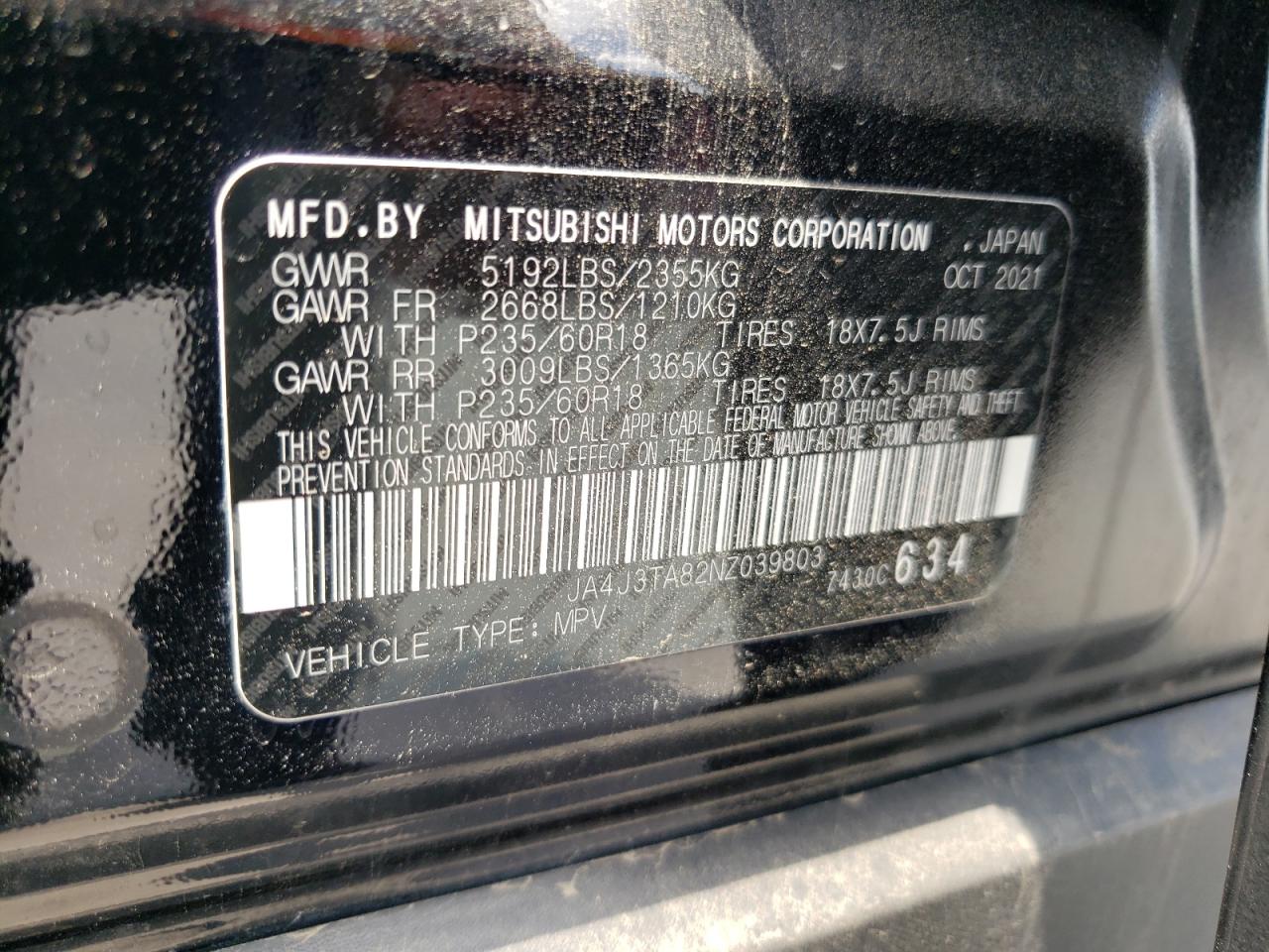 2022 Mitsubishi Outlander Es VIN: JA4J3TA82NZ039803 Lot: 67136694