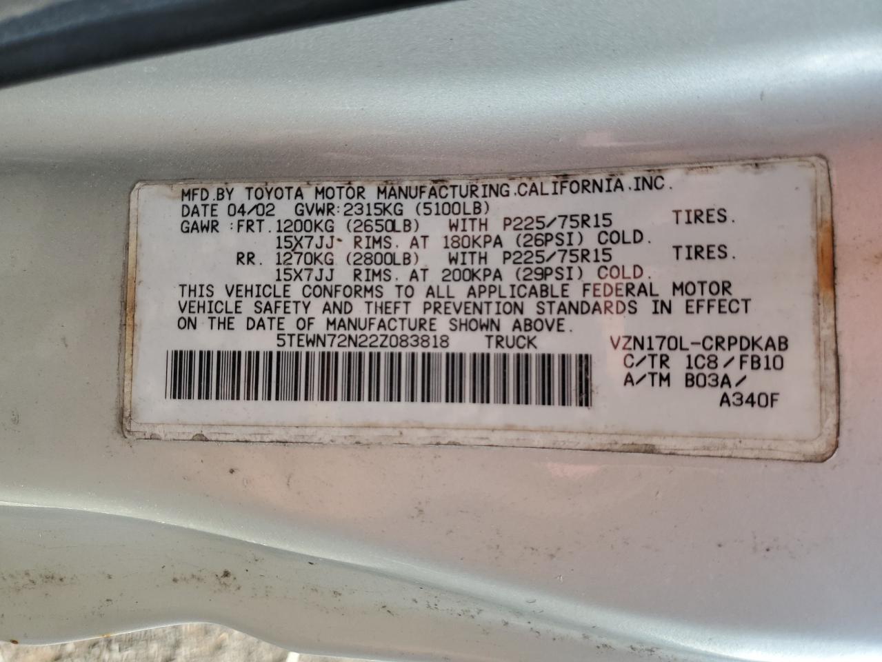 2002 Toyota Tacoma Xtracab VIN: 5TEWN72N22Z083818 Lot: 68897404