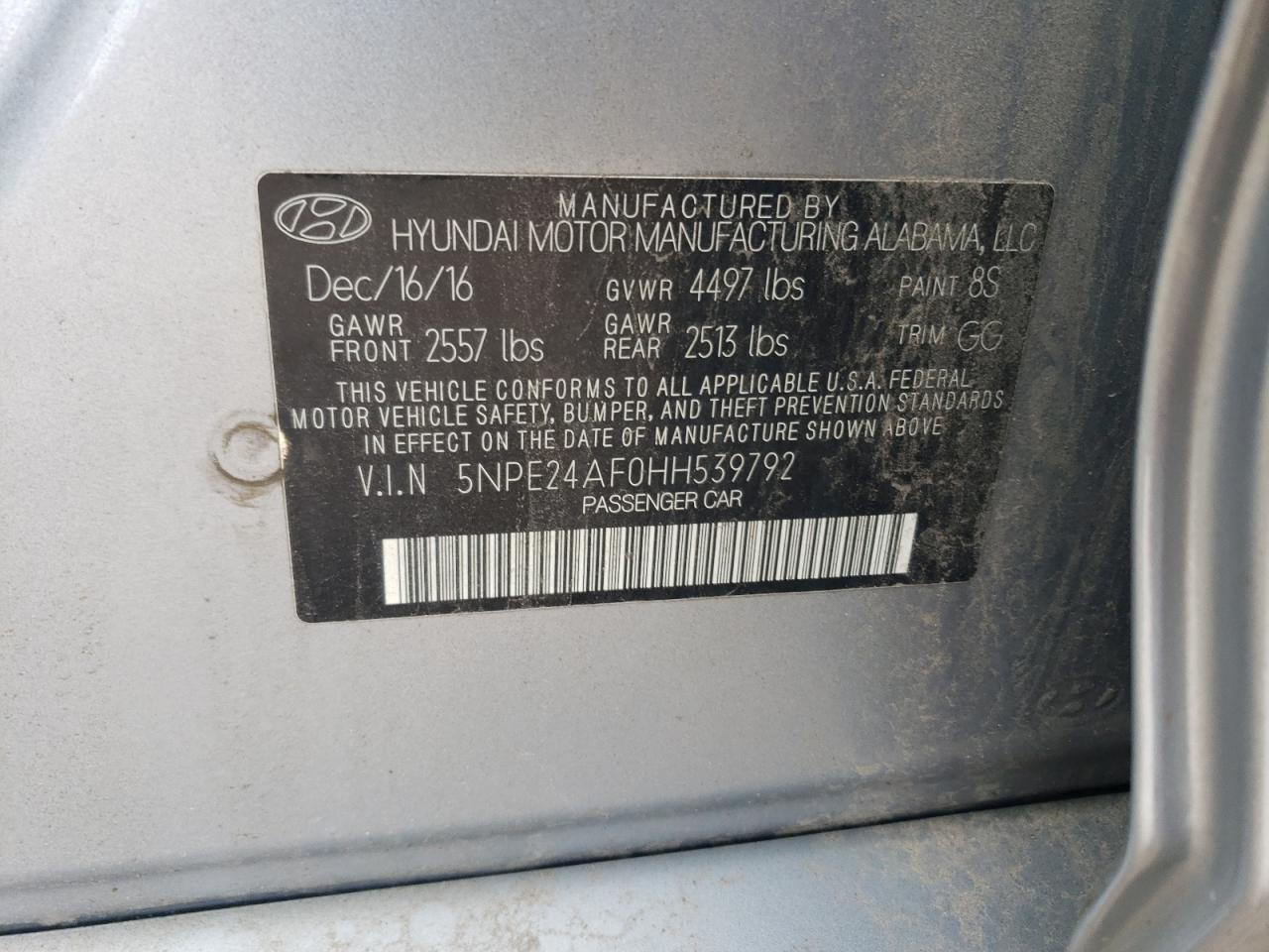 5NPE24AF0HH539792 2017 Hyundai Sonata Se