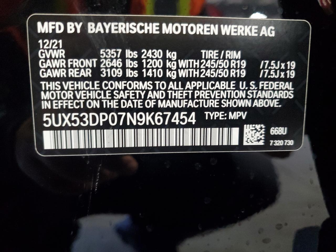 2022 BMW X3 xDrive30I VIN: 5UX53DP07N9K67454 Lot: 65948994