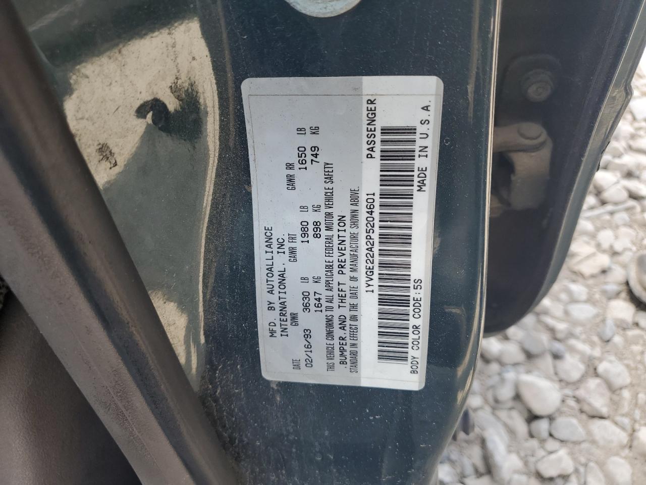 1993 Mazda 626 Dx VIN: 1YVGE22A2P5204601 Lot: 66371854