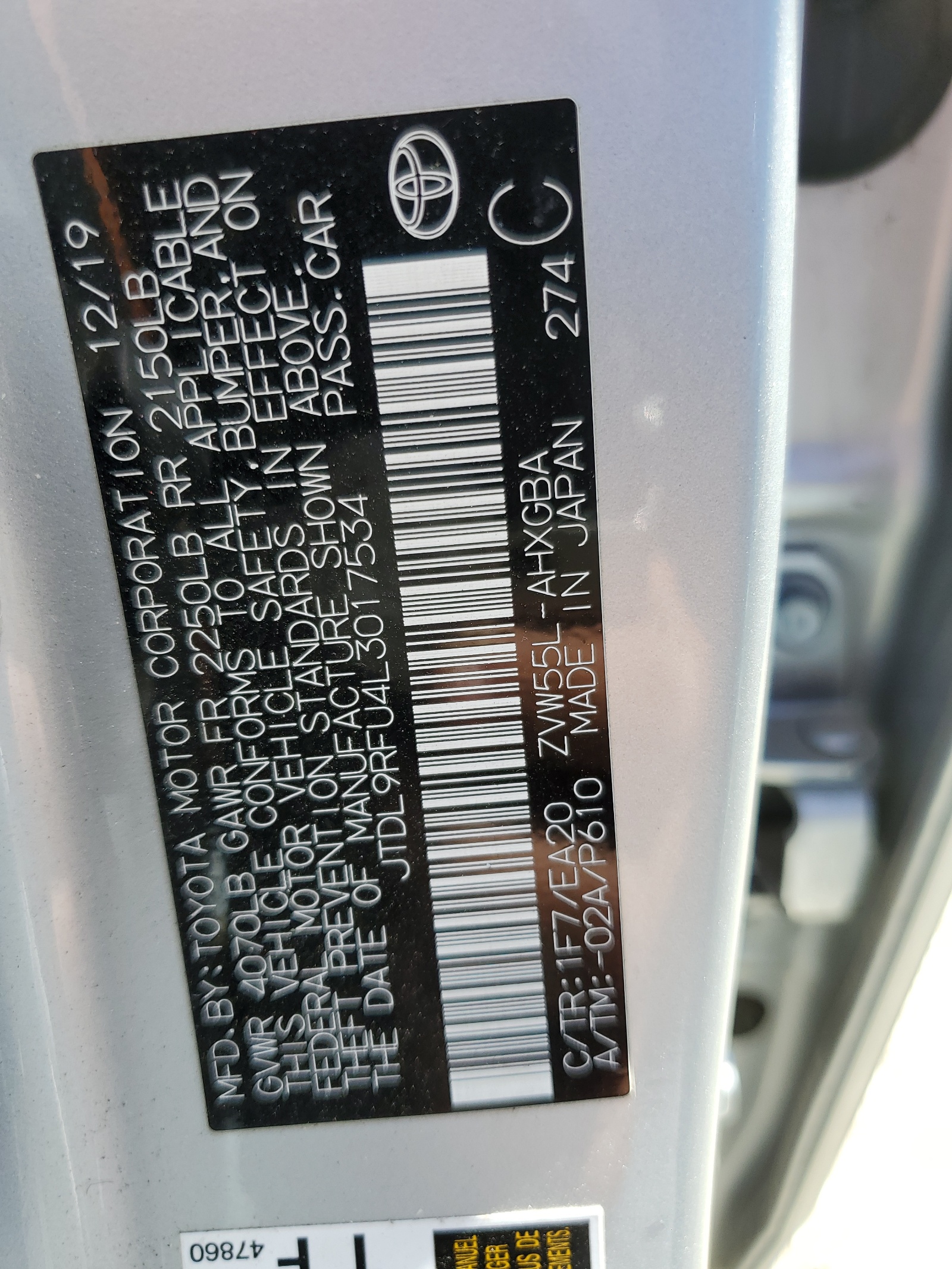 JTDL9RFU4L3017534 2020 Toyota Prius Le