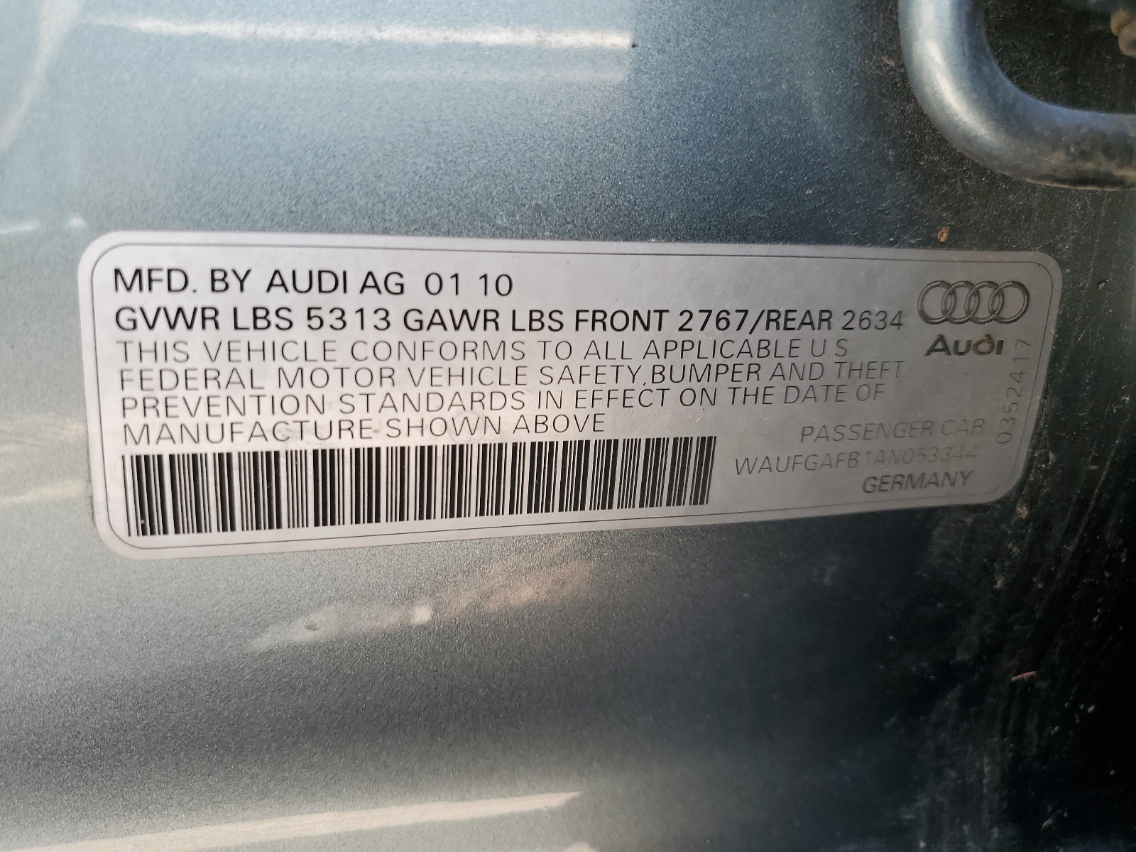 WAUFGAFB1AN053344 2010 Audi A6 Premium Plus