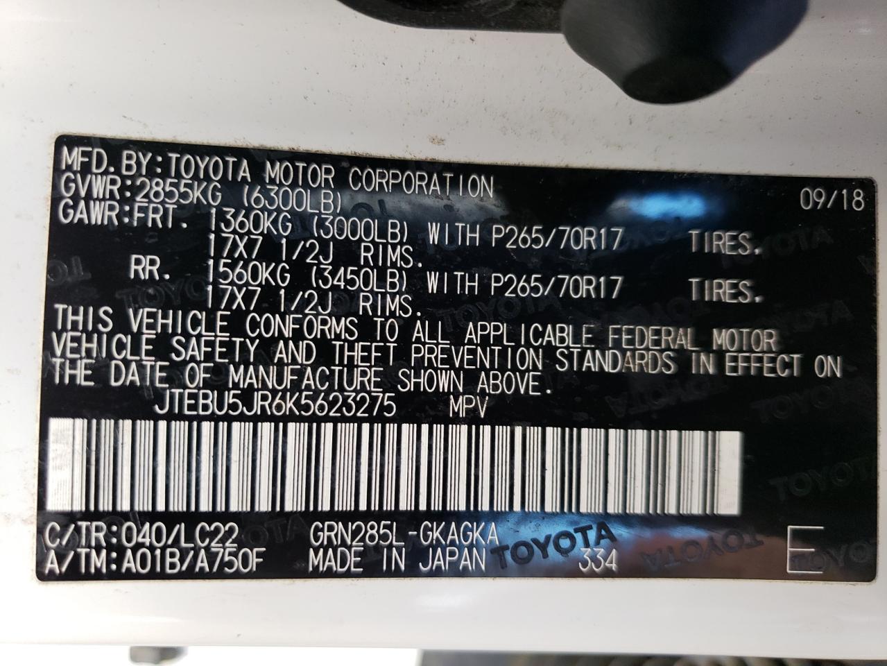 JTEBU5JR6K5623275 2019 Toyota 4Runner Sr5