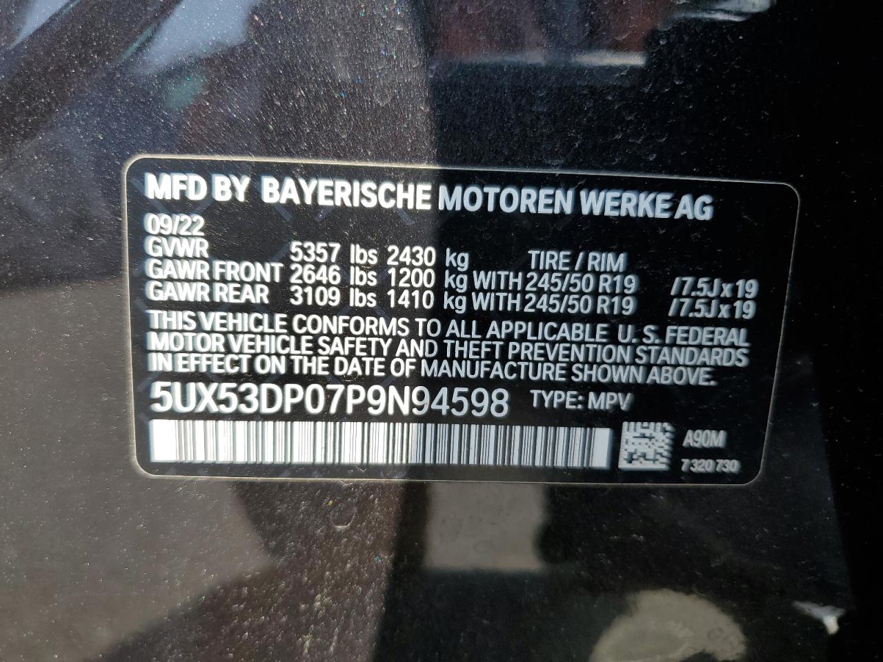 2023 BMW X3 xDrive30I VIN: 5UX53DP07P9N94598 Lot: 64780754