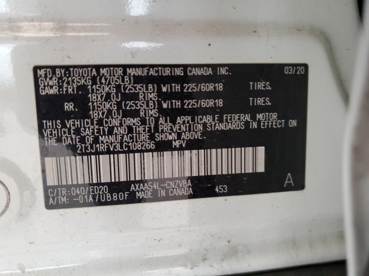 2020 Toyota Rav4 Adventure VIN: 2T3J1RFV3LC108266 Lot: 65755724