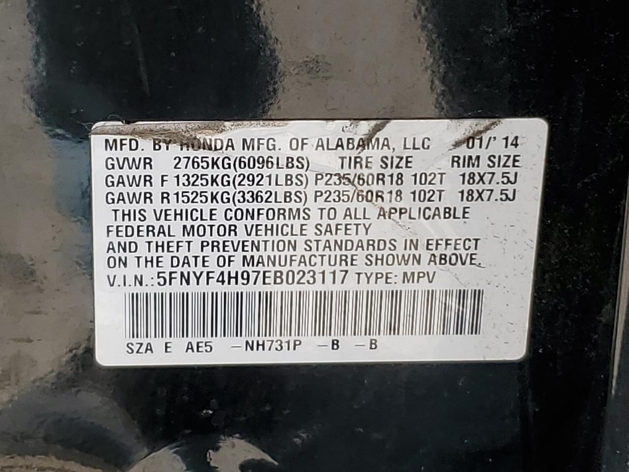 2014 Honda Pilot Touring VIN: 5FNYF4H97EB023117 Lot: 68131354