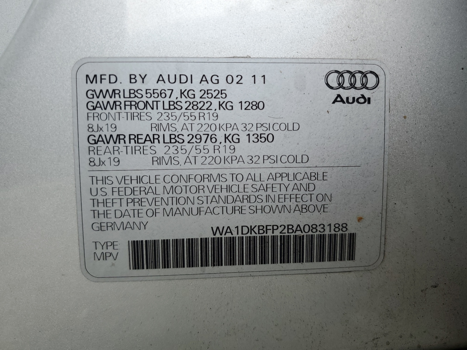 WA1DKBFP2BA083188 2011 Audi Q5 Premium Plus