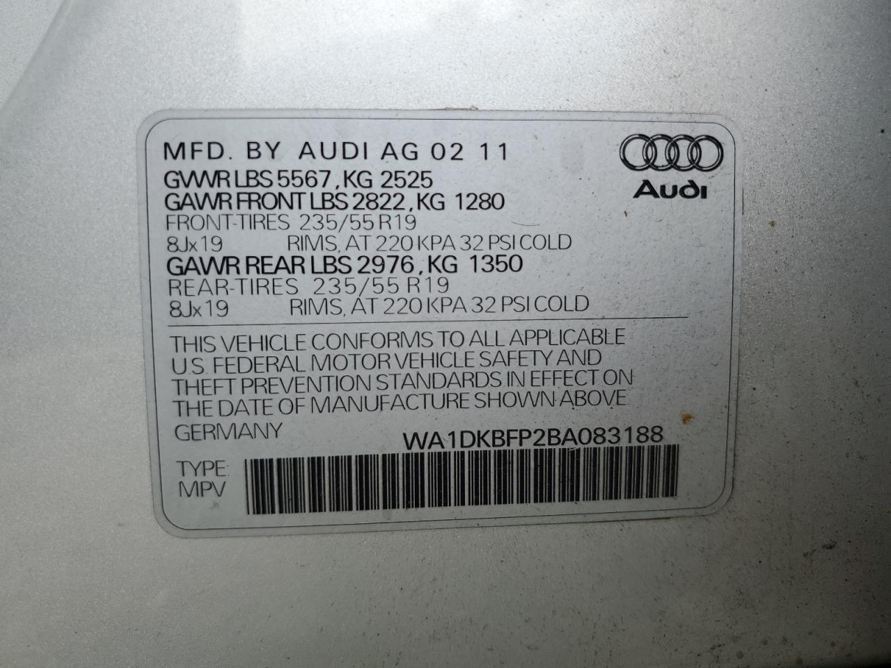 2011 Audi Q5 Premium Plus VIN: WA1DKBFP2BA083188 Lot: 66680134