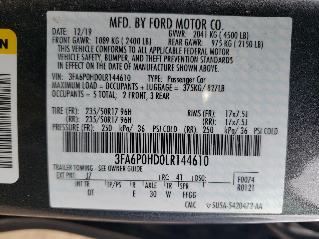 2020 Ford Fusion Se VIN: 3FA6P0HD0LR144610 Lot: 66121354