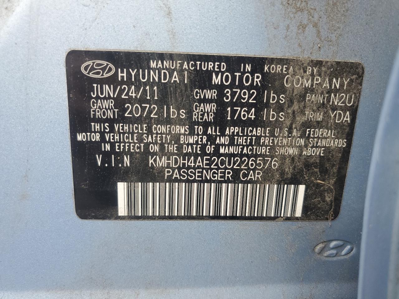 2012 Hyundai Elantra Gls VIN: KMHDH4AE2CU226576 Lot: 69782474