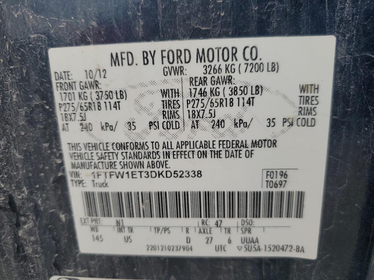 2013 Ford F150 Supercrew VIN: 1FTFW1ET3DKD52338 Lot: 67265654