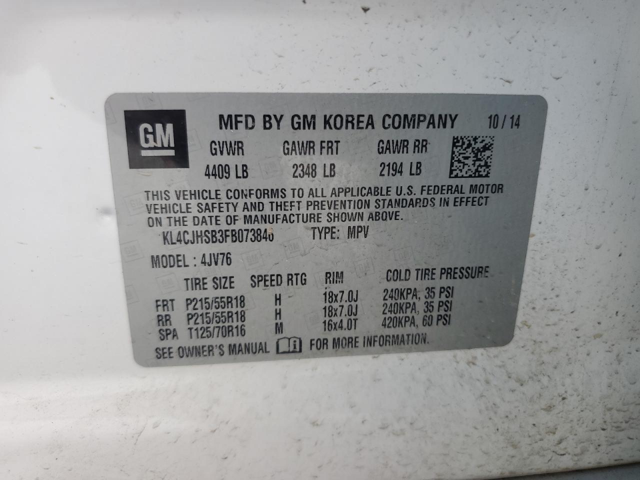 2015 BUICK ENCORE with MINOR DENT/SCRATCHES damage, VIN KL4CJHSB3FB073846