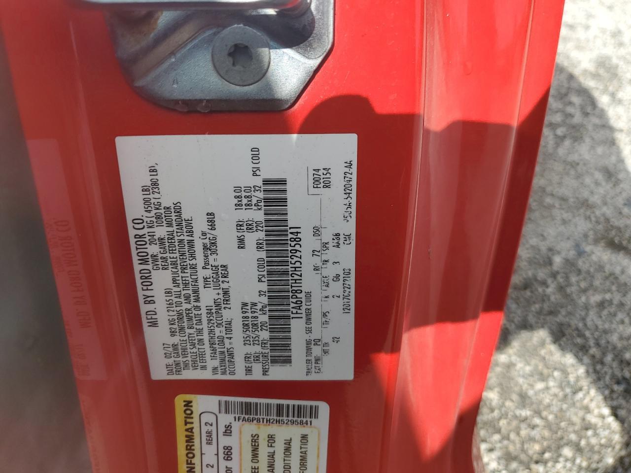 2017 Ford Mustang VIN: 1FA6P8TH2H5295841 Lot: 69371744