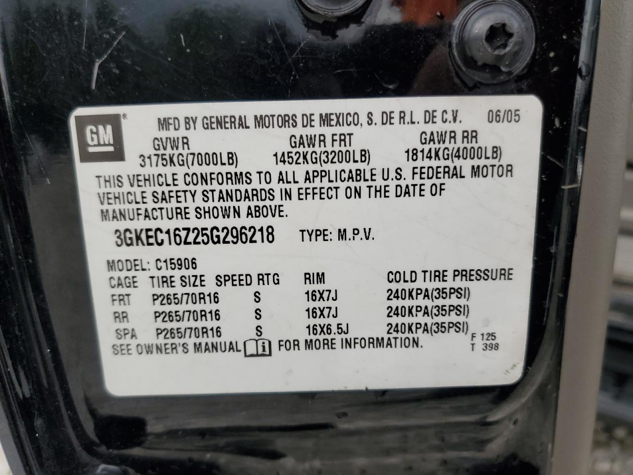 2005 GMC Yukon Xl C1500 VIN: 3GKEC16Z25G296218 Lot: 82083215