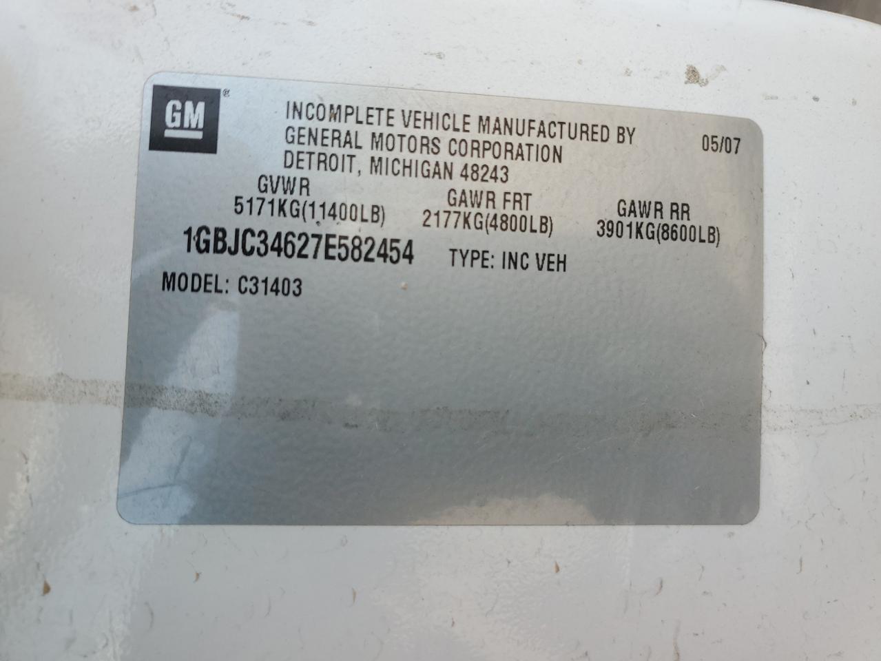 1GBJC34627E582454 2007 Chevrolet Silverado C3500