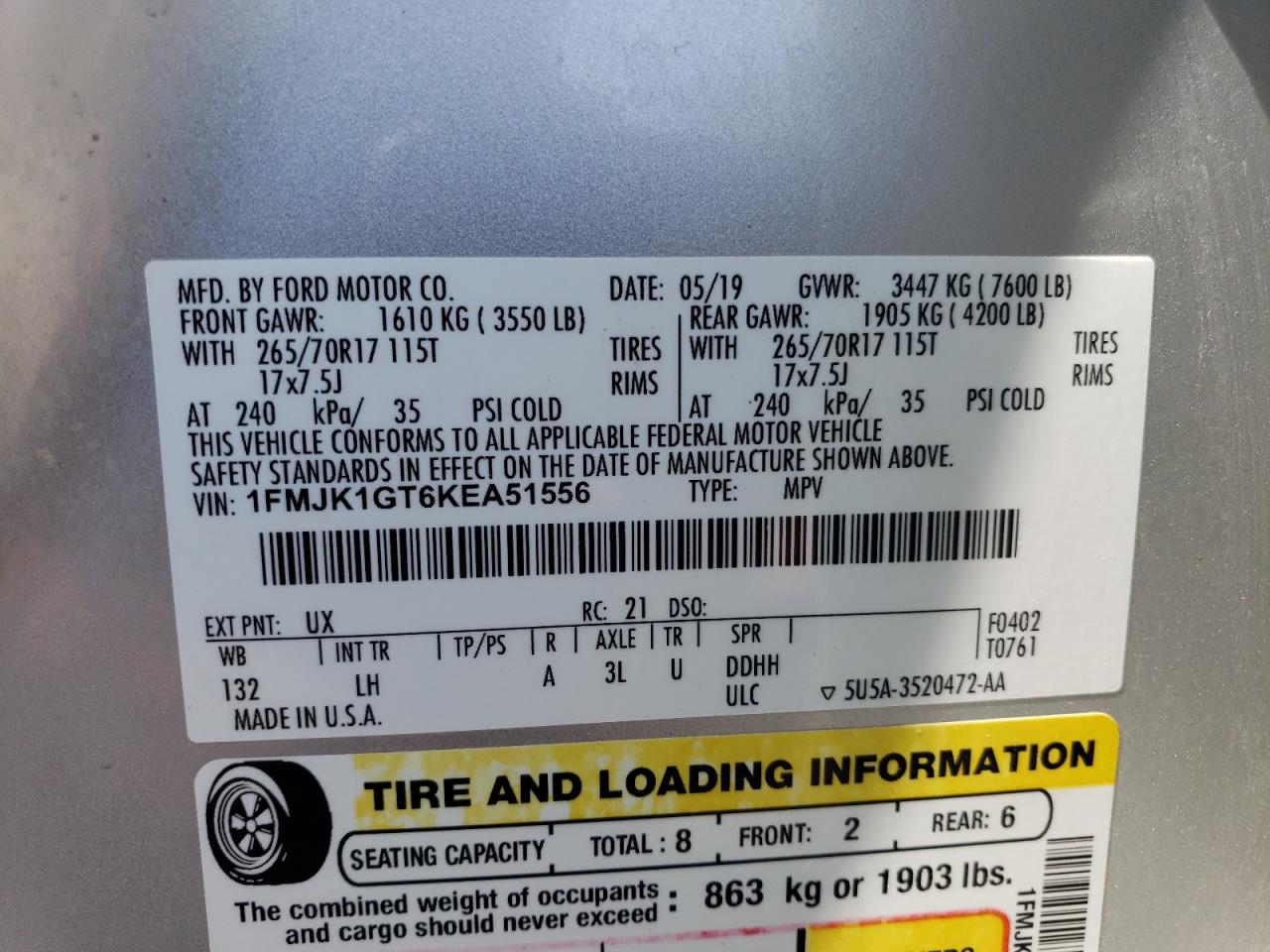 2019 Ford Expedition Max Xl VIN: 1FMJK1GT6KEA51556 Lot: 68475304